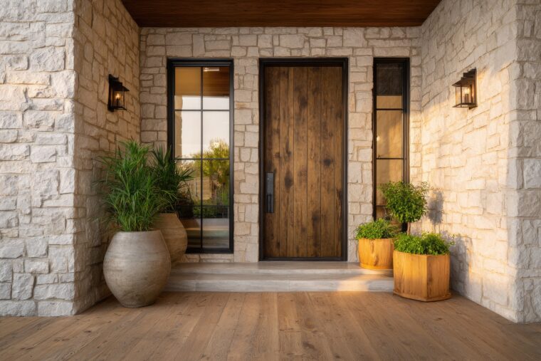 Dark entry door with dark trim