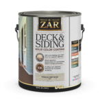 A tin can full of ZAR deck & siding products. The can is a light gray color with a picture of a house on the side.